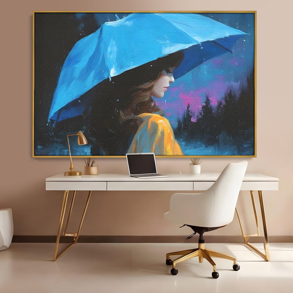 Tablou Canvas Premium, LuxCanva® G1223, Melodia Ploii, Cer, Violet, Umbrela, Albastru, Oda, Singuratate, Lacrimi, Eleganta, Padure, Haina, Galben, Introspectie, Romantism, Salon, Birou, Living, Dormitor