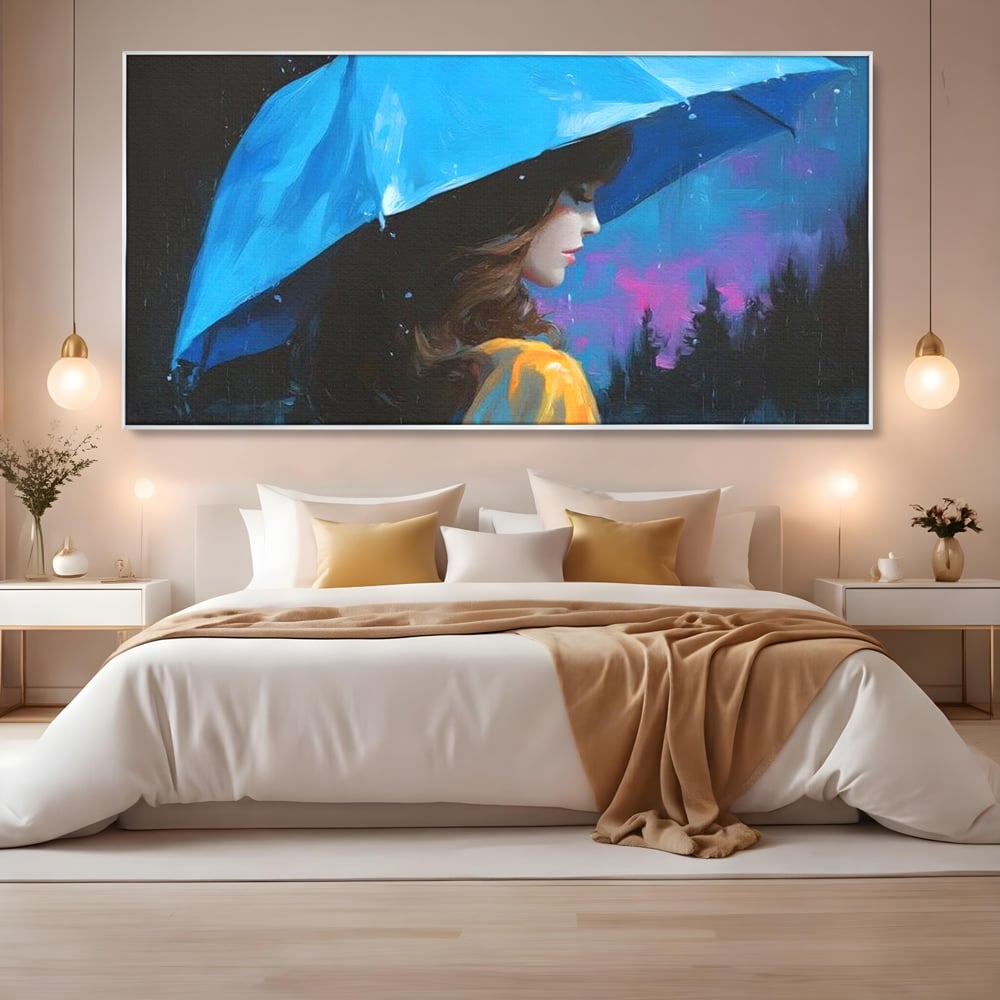 Tablou Canvas Premium, LuxCanva® G1223, Melodia Ploii, Cer, Violet, Umbrela, Albastru, Oda, Singuratate, Lacrimi, Eleganta, Padure, Haina, Galben, Introspectie, Romantism, Salon, Birou, Living, Dormitor