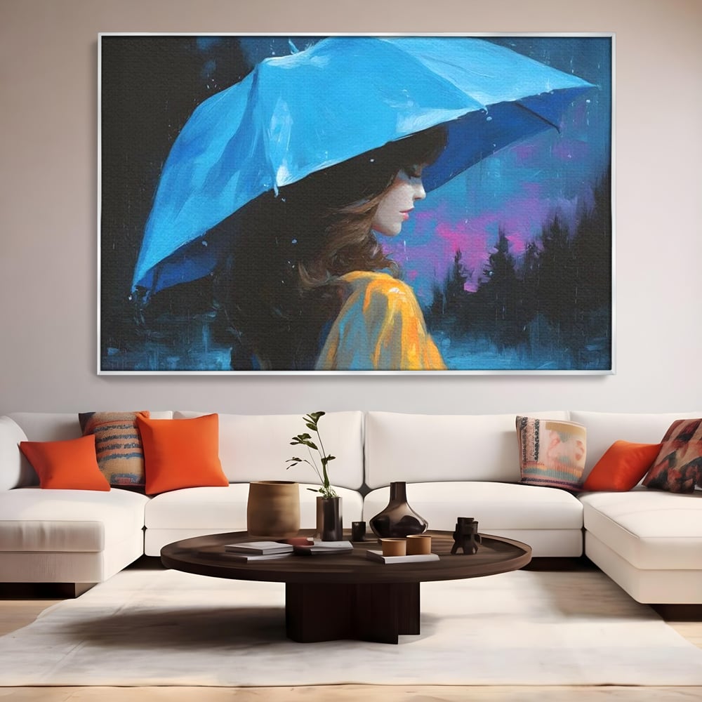 Tablou Canvas Premium, LuxCanva® G1223, Melodia Ploii, Cer, Violet, Umbrela, Albastru, Oda, Singuratate, Lacrimi, Eleganta, Padure, Haina, Galben, Introspectie, Romantism, Salon, Birou, Living, Dormitor