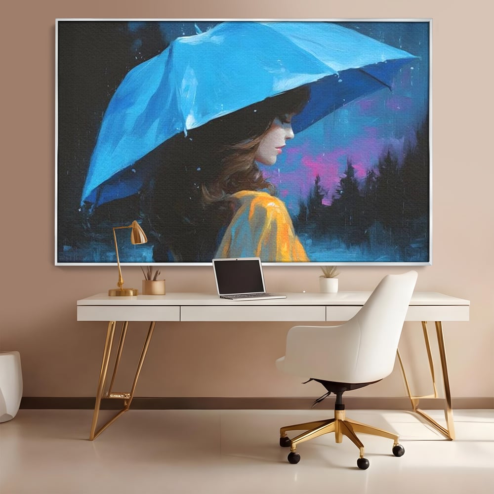 Tablou Canvas Premium, LuxCanva® G1223, Melodia Ploii, Cer, Violet, Umbrela, Albastru, Oda, Singuratate, Lacrimi, Eleganta, Padure, Haina, Galben, Introspectie, Romantism, Salon, Birou, Living, Dormitor