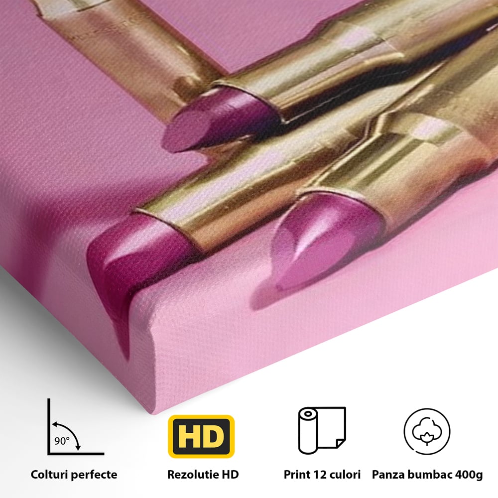 Tablou Canvas Premium, LuxCanva® G1224, Armele Feminitatii, Ruj, Auriu, Roz, Glont, Fundal, Pop Art, Minimalism, Feminitate, Glamour, Make-up, Rebeliune, Seductie, Machiaj, Salon, Birou, Living, Dormitor