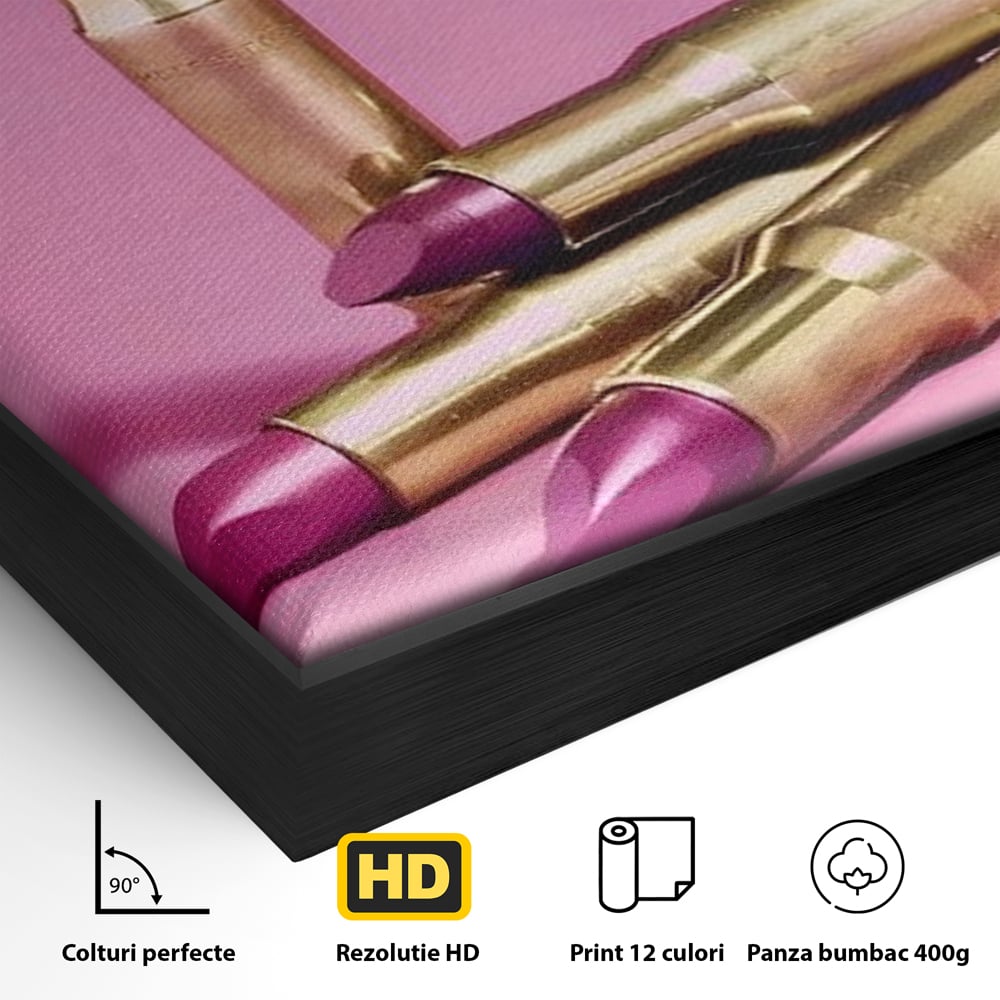 Tablou Canvas Premium, LuxCanva® G1224, Armele Feminitatii, Ruj, Auriu, Roz, Glont, Fundal, Pop Art, Minimalism, Feminitate, Glamour, Make-up, Rebeliune, Seductie, Machiaj, Salon, Birou, Living, Dormitor
