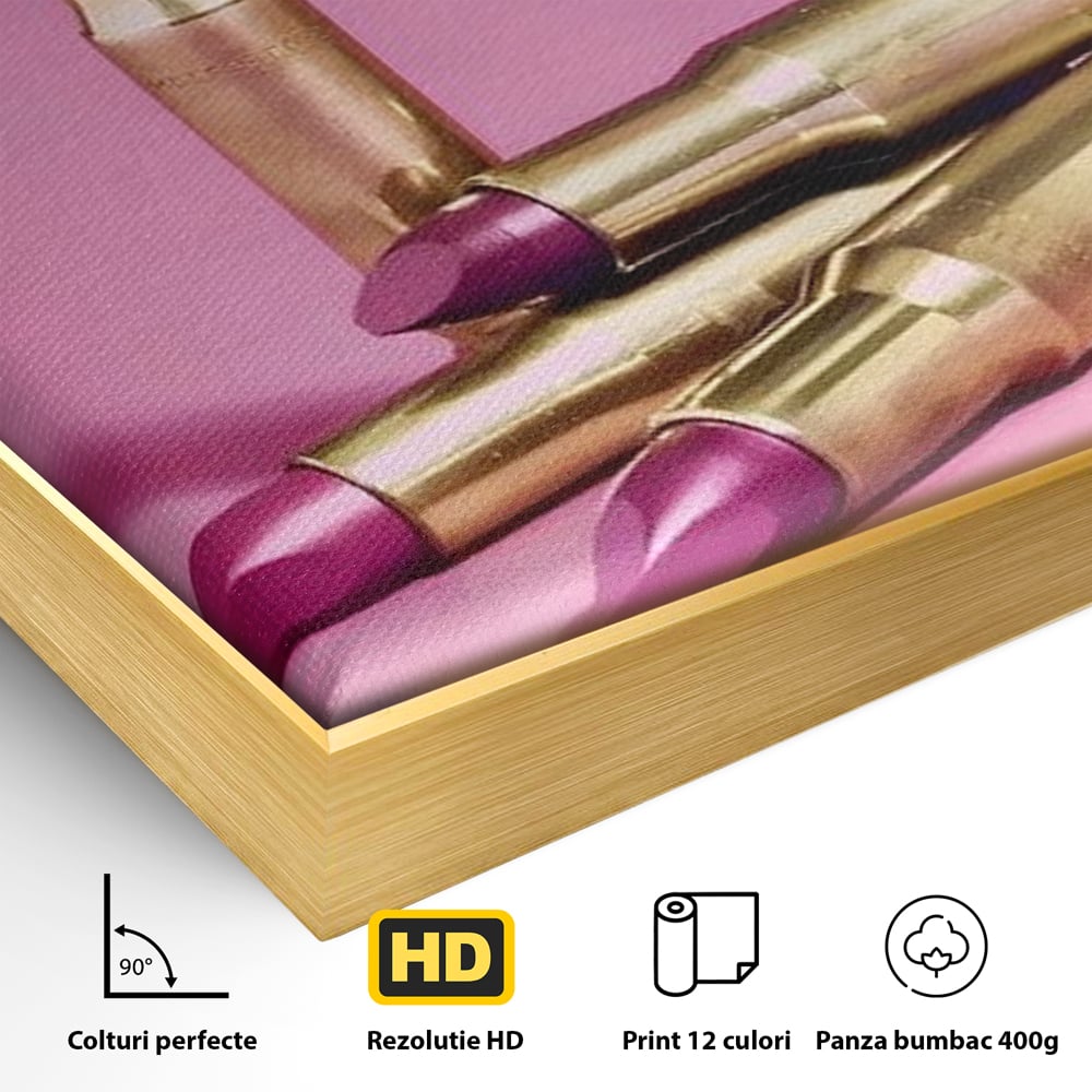 Tablou Canvas Premium, LuxCanva® G1224, Armele Feminitatii, Ruj, Auriu, Roz, Glont, Fundal, Pop Art, Minimalism, Feminitate, Glamour, Make-up, Rebeliune, Seductie, Machiaj, Salon, Birou, Living, Dormitor
