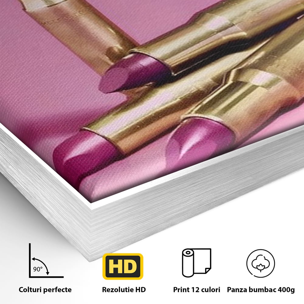 Tablou Canvas Premium, LuxCanva® G1224, Armele Feminitatii, Ruj, Auriu, Roz, Glont, Fundal, Pop Art, Minimalism, Feminitate, Glamour, Make-up, Rebeliune, Seductie, Machiaj, Salon, Birou, Living, Dormitor