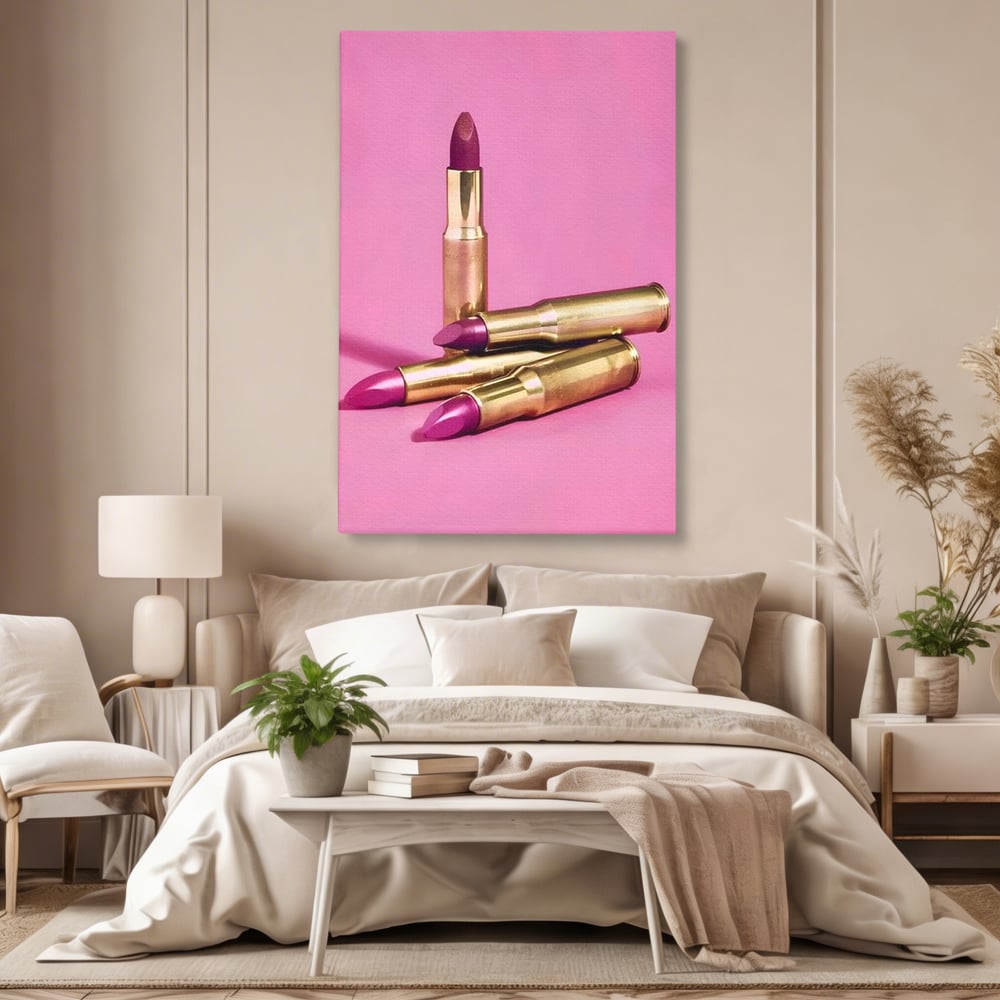 Tablou Canvas Premium, LuxCanva® G1224, Armele Feminitatii, Ruj, Auriu, Roz, Glont, Fundal, Pop Art, Minimalism, Feminitate, Glamour, Make-up, Rebeliune, Seductie, Machiaj, Salon, Birou, Living, Dormitor