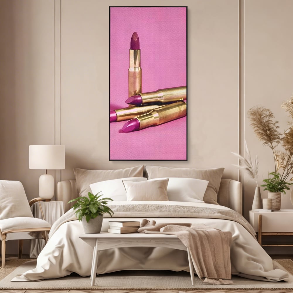 Tablou Canvas Premium, LuxCanva® G1224, Armele Feminitatii, Ruj, Auriu, Roz, Glont, Fundal, Pop Art, Minimalism, Feminitate, Glamour, Make-up, Rebeliune, Seductie, Machiaj, Salon, Birou, Living, Dormitor