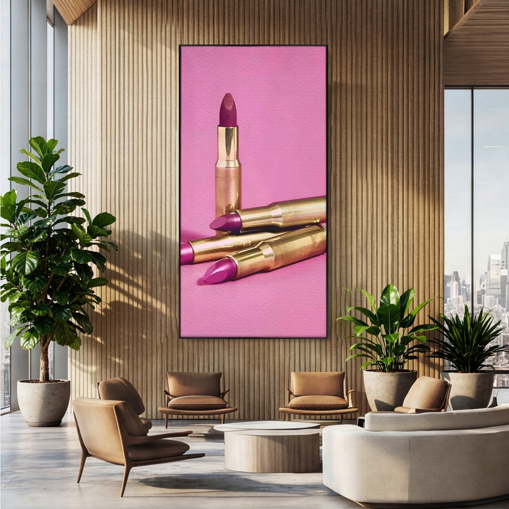 Tablou Canvas Premium, LuxCanva® G1224, Armele Feminitatii, Ruj, Auriu, Roz, Glont, Fundal, Pop Art, Minimalism, Feminitate, Glamour, Make-up, Rebeliune, Seductie, Machiaj, Salon, Birou, Living, Dormitor