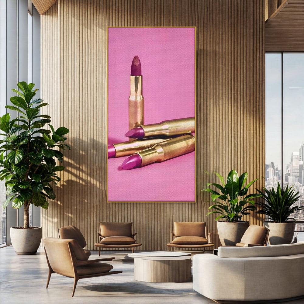 Tablou Canvas Premium, LuxCanva® G1224, Armele Feminitatii, Ruj, Auriu, Roz, Glont, Fundal, Pop Art, Minimalism, Feminitate, Glamour, Make-up, Rebeliune, Seductie, Machiaj, Salon, Birou, Living, Dormitor