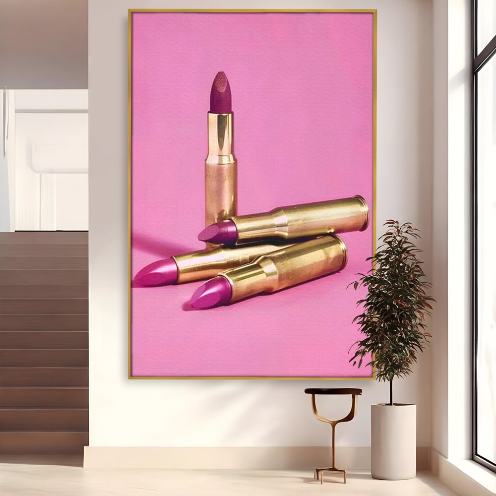 Tablou Canvas Premium, LuxCanva® G1224, Armele Feminitatii, Ruj, Auriu, Roz, Glont, Fundal, Pop Art, Minimalism, Feminitate, Glamour, Make-up, Rebeliune, Seductie, Machiaj, Salon, Birou, Living, Dormitor