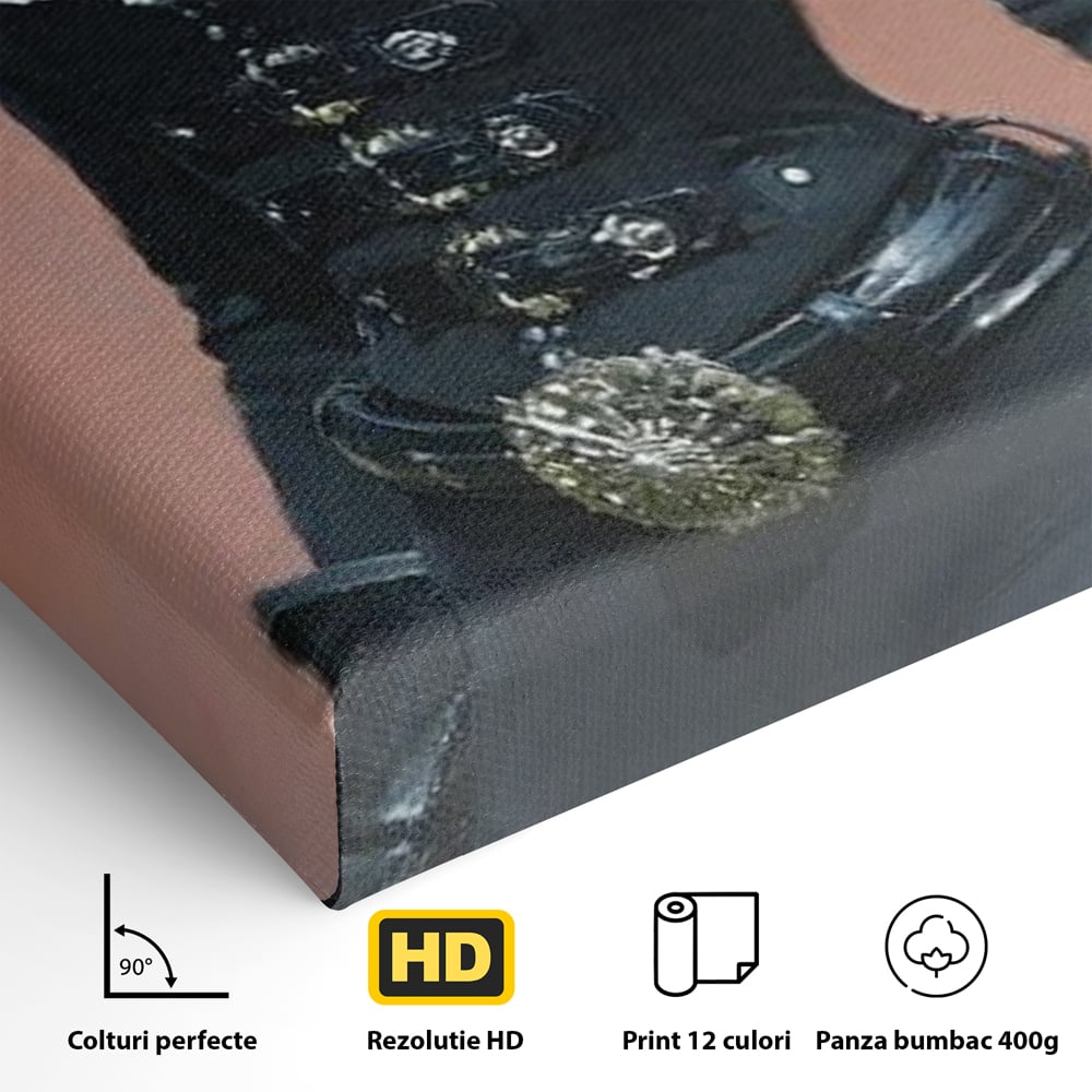 Tablou Canvas Premium, LuxCanva® G1225, Aristocrata Intunericului, Eleganta, Doamna, Palarie, Costum, Negru, Manusi, Mister, Puternica, Rafinata, Autoritara, Lux, Cavaleresc, Salon, Birou, Living, Dormitor