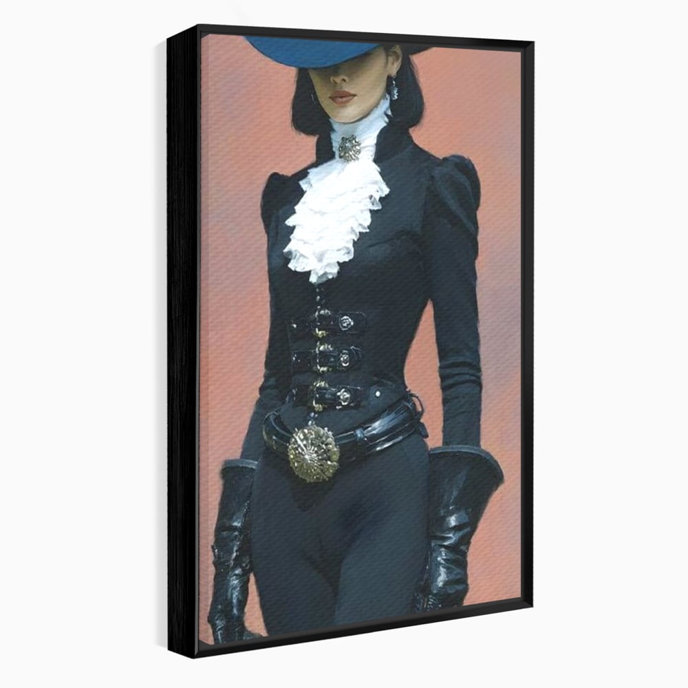 Tablou Canvas Premium, LuxCanva® G1225, Aristocrata Intunericului, Eleganta, Doamna, Palarie, Costum, Negru, Manusi, Mister, Puternica, Rafinata, Autoritara, Lux, Cavaleresc, Salon, Birou, Living, Dormitor