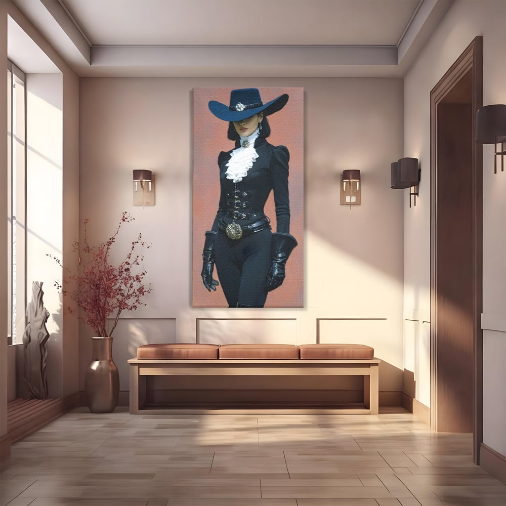 Tablou Canvas Premium, LuxCanva® G1225, Aristocrata Intunericului, Eleganta, Doamna, Palarie, Costum, Negru, Manusi, Mister, Puternica, Rafinata, Autoritara, Lux, Cavaleresc, Salon, Birou, Living, Dormitor