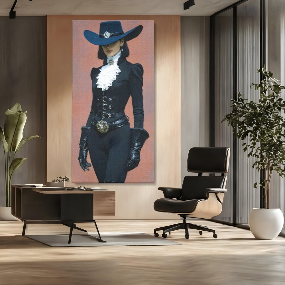 Tablou Canvas Premium, LuxCanva® G1225, Aristocrata Intunericului, Eleganta, Doamna, Palarie, Costum, Negru, Manusi, Mister, Puternica, Rafinata, Autoritara, Lux, Cavaleresc, Salon, Birou, Living, Dormitor