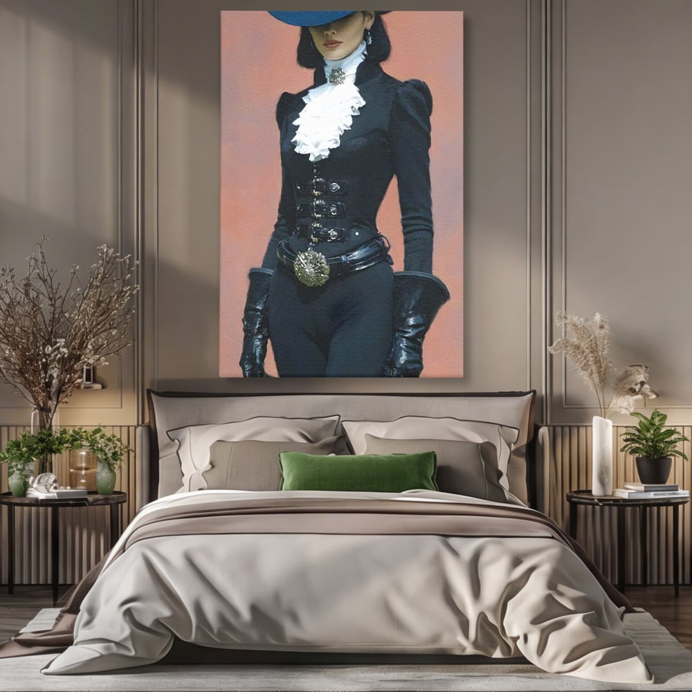 Tablou Canvas Premium, LuxCanva® G1225, Aristocrata Intunericului, Eleganta, Doamna, Palarie, Costum, Negru, Manusi, Mister, Puternica, Rafinata, Autoritara, Lux, Cavaleresc, Salon, Birou, Living, Dormitor