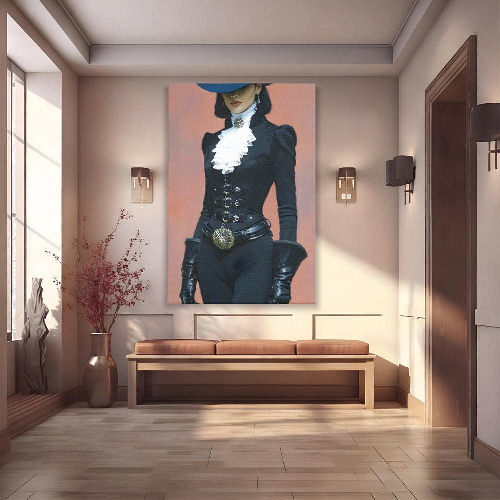Tablou Canvas Premium, LuxCanva® G1225, Aristocrata Intunericului, Eleganta, Doamna, Palarie, Costum, Negru, Manusi, Mister, Puternica, Rafinata, Autoritara, Lux, Cavaleresc, Salon, Birou, Living, Dormitor