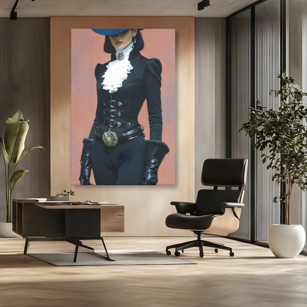 Tablou Canvas Premium, LuxCanva® G1225, Aristocrata Intunericului, Eleganta, Doamna, Palarie, Costum, Negru, Manusi, Mister, Puternica, Rafinata, Autoritara, Lux, Cavaleresc, Salon, Birou, Living, Dormitor