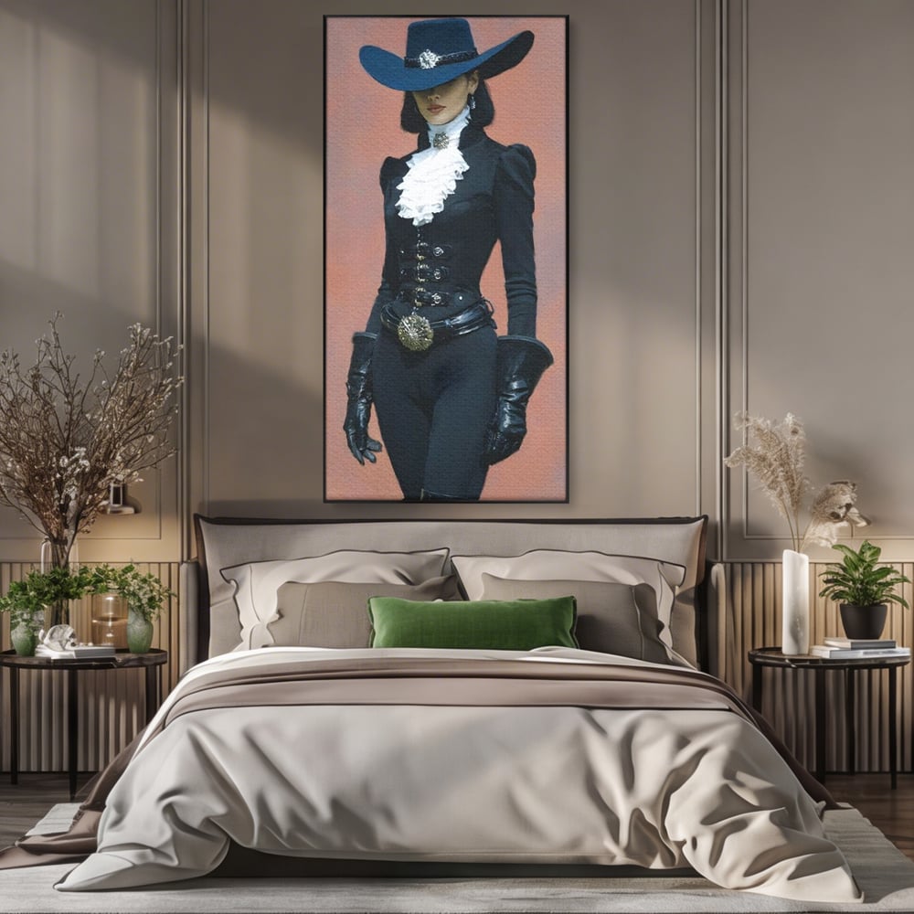 Tablou Canvas Premium, LuxCanva® G1225, Aristocrata Intunericului, Eleganta, Doamna, Palarie, Costum, Negru, Manusi, Mister, Puternica, Rafinata, Autoritara, Lux, Cavaleresc, Salon, Birou, Living, Dormitor