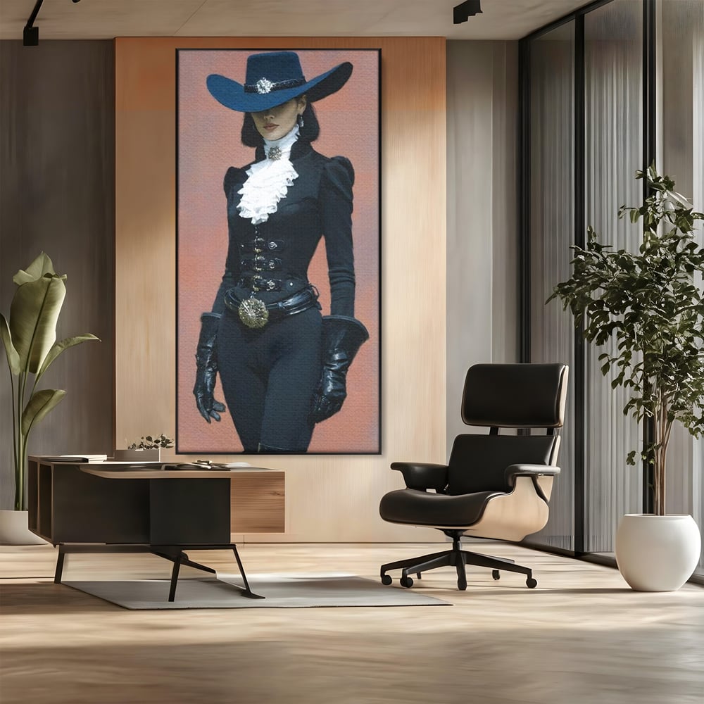 Tablou Canvas Premium, LuxCanva® G1225, Aristocrata Intunericului, Eleganta, Doamna, Palarie, Costum, Negru, Manusi, Mister, Puternica, Rafinata, Autoritara, Lux, Cavaleresc, Salon, Birou, Living, Dormitor