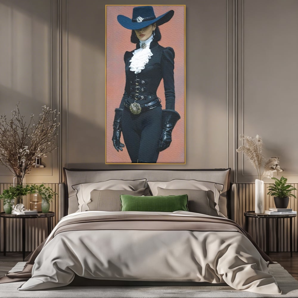 Tablou Canvas Premium, LuxCanva® G1225, Aristocrata Intunericului, Eleganta, Doamna, Palarie, Costum, Negru, Manusi, Mister, Puternica, Rafinata, Autoritara, Lux, Cavaleresc, Salon, Birou, Living, Dormitor
