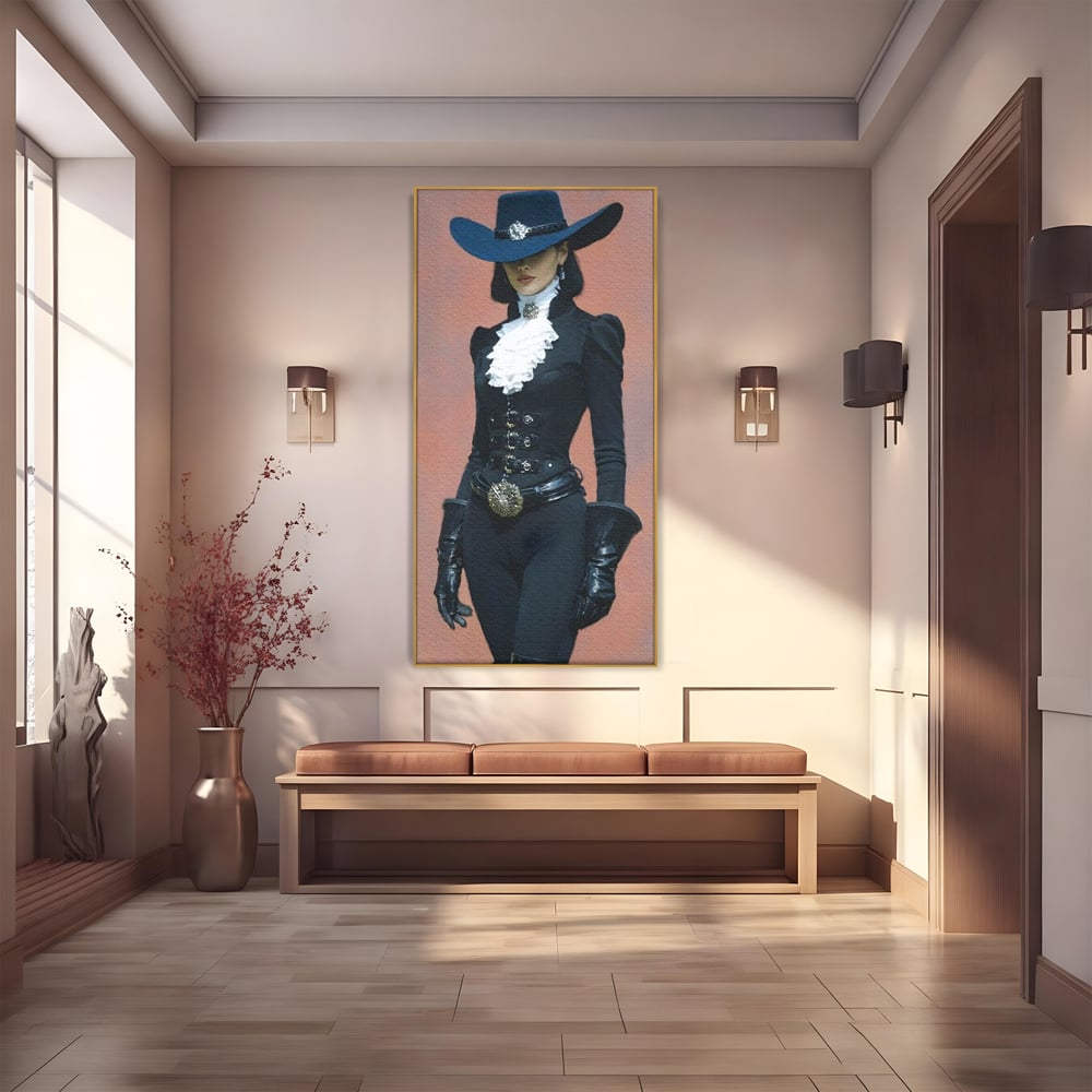 Tablou Canvas Premium, LuxCanva® G1225, Aristocrata Intunericului, Eleganta, Doamna, Palarie, Costum, Negru, Manusi, Mister, Puternica, Rafinata, Autoritara, Lux, Cavaleresc, Salon, Birou, Living, Dormitor