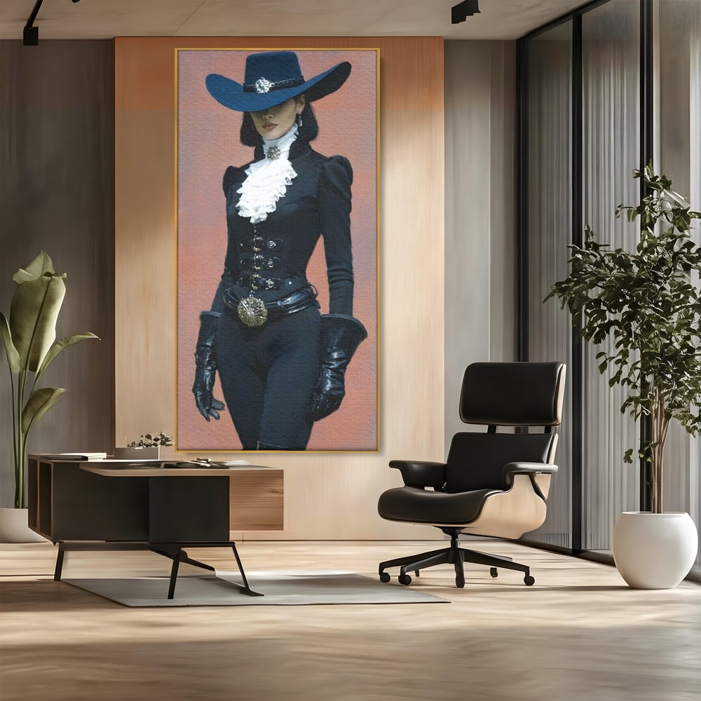 Tablou Canvas Premium, LuxCanva® G1225, Aristocrata Intunericului, Eleganta, Doamna, Palarie, Costum, Negru, Manusi, Mister, Puternica, Rafinata, Autoritara, Lux, Cavaleresc, Salon, Birou, Living, Dormitor