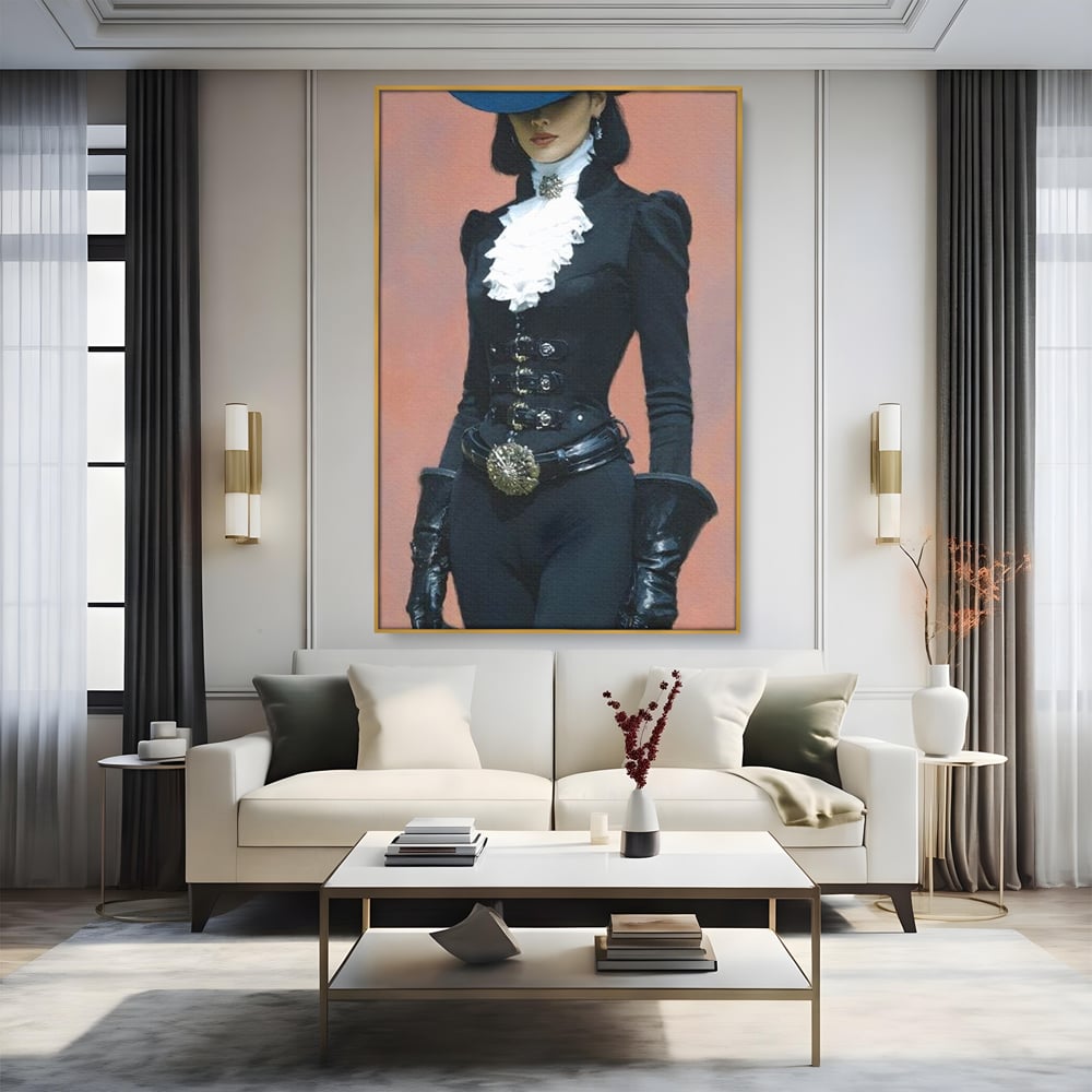 Tablou Canvas Premium, LuxCanva® G1225, Aristocrata Intunericului, Eleganta, Doamna, Palarie, Costum, Negru, Manusi, Mister, Puternica, Rafinata, Autoritara, Lux, Cavaleresc, Salon, Birou, Living, Dormitor