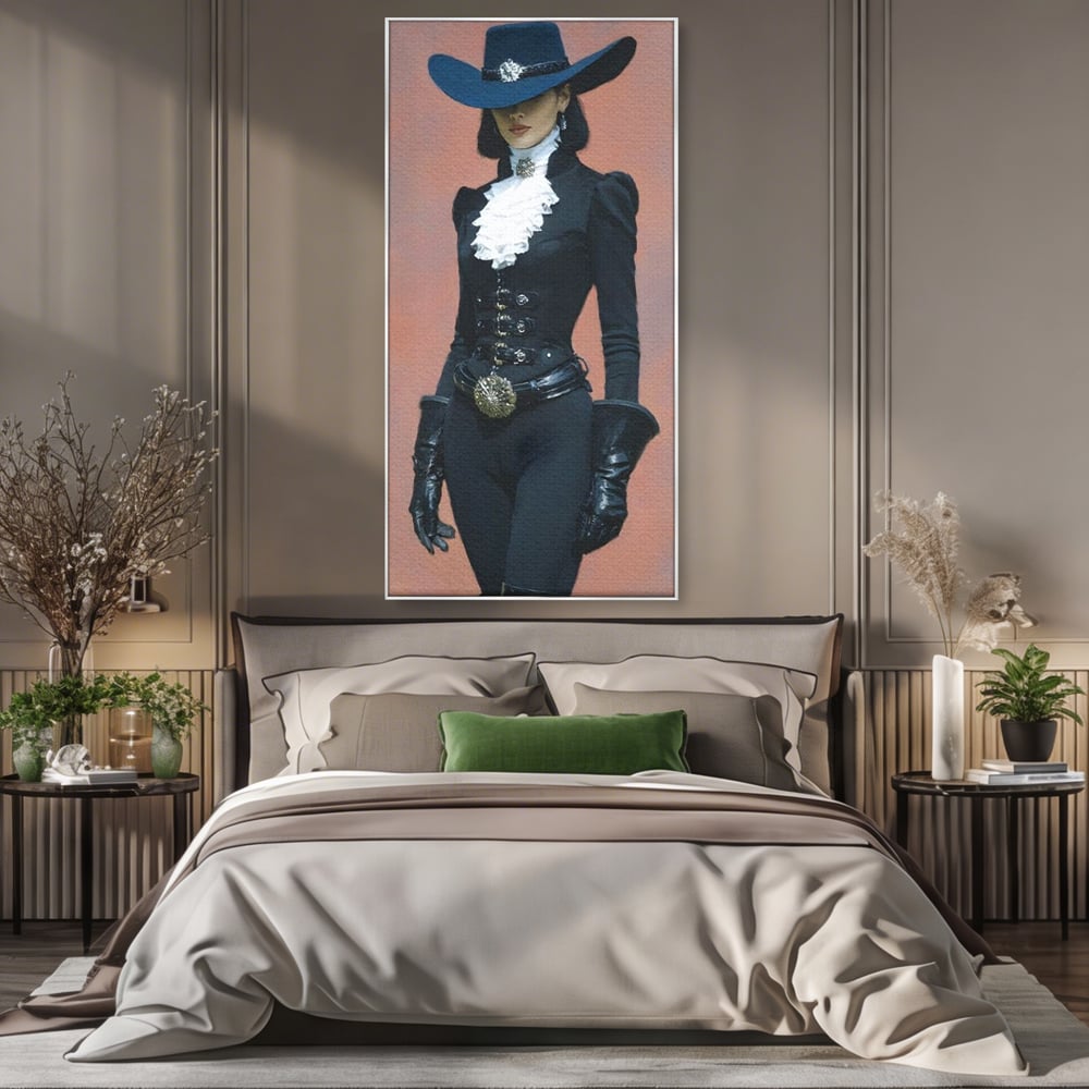 Tablou Canvas Premium, LuxCanva® G1225, Aristocrata Intunericului, Eleganta, Doamna, Palarie, Costum, Negru, Manusi, Mister, Puternica, Rafinata, Autoritara, Lux, Cavaleresc, Salon, Birou, Living, Dormitor