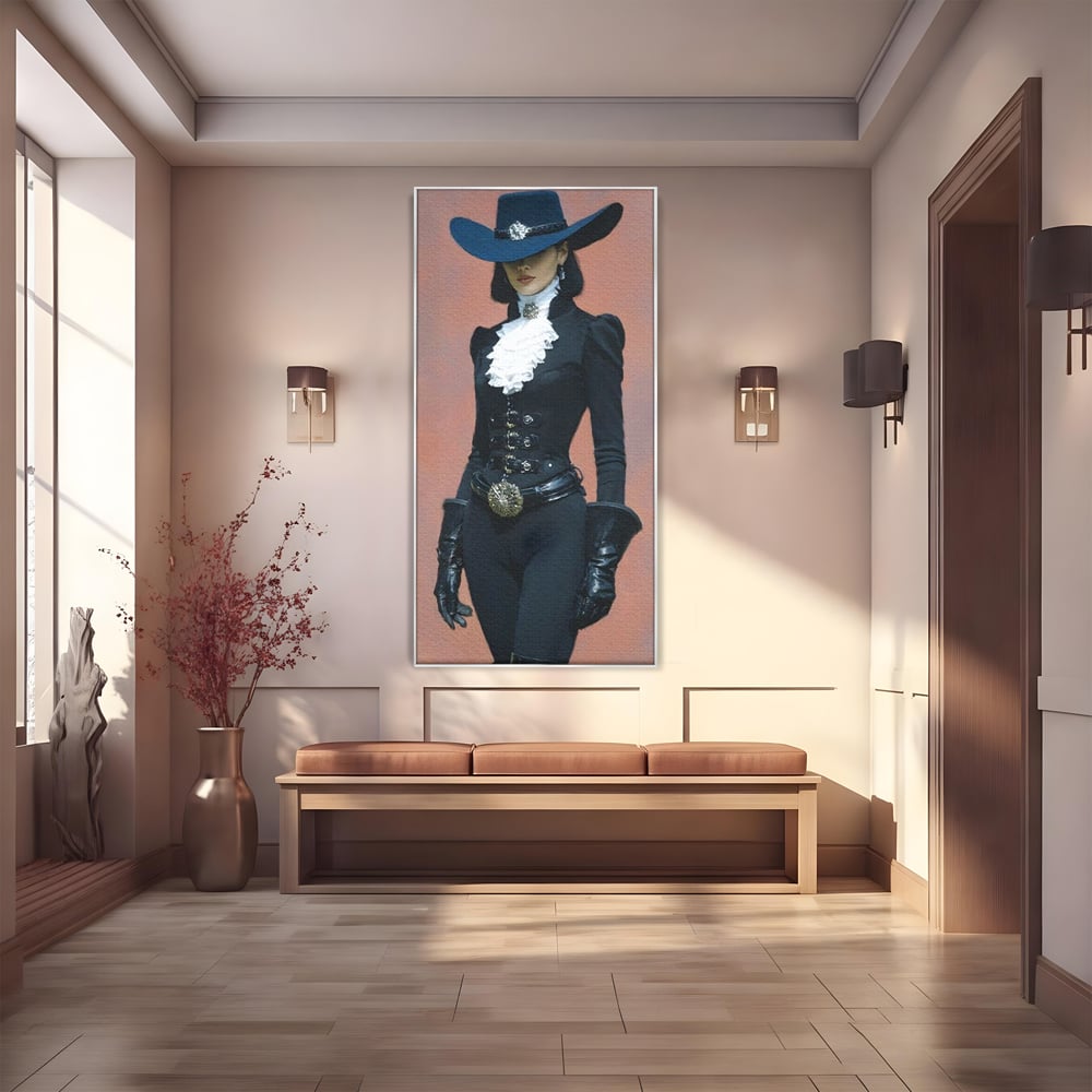 Tablou Canvas Premium, LuxCanva® G1225, Aristocrata Intunericului, Eleganta, Doamna, Palarie, Costum, Negru, Manusi, Mister, Puternica, Rafinata, Autoritara, Lux, Cavaleresc, Salon, Birou, Living, Dormitor