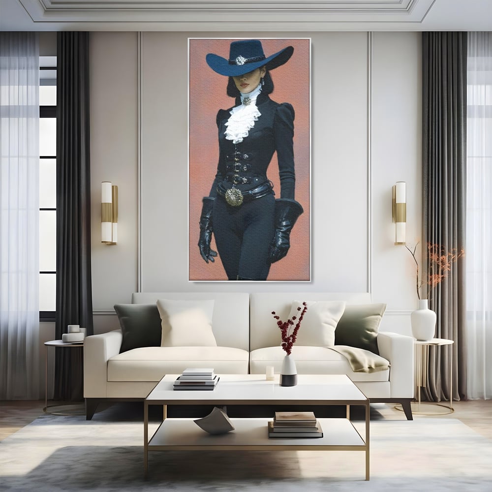 Tablou Canvas Premium, LuxCanva® G1225, Aristocrata Intunericului, Eleganta, Doamna, Palarie, Costum, Negru, Manusi, Mister, Puternica, Rafinata, Autoritara, Lux, Cavaleresc, Salon, Birou, Living, Dormitor