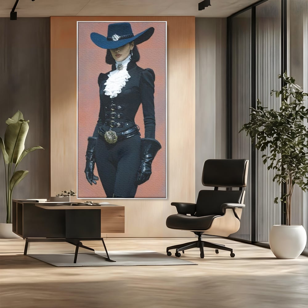 Tablou Canvas Premium, LuxCanva® G1225, Aristocrata Intunericului, Eleganta, Doamna, Palarie, Costum, Negru, Manusi, Mister, Puternica, Rafinata, Autoritara, Lux, Cavaleresc, Salon, Birou, Living, Dormitor
