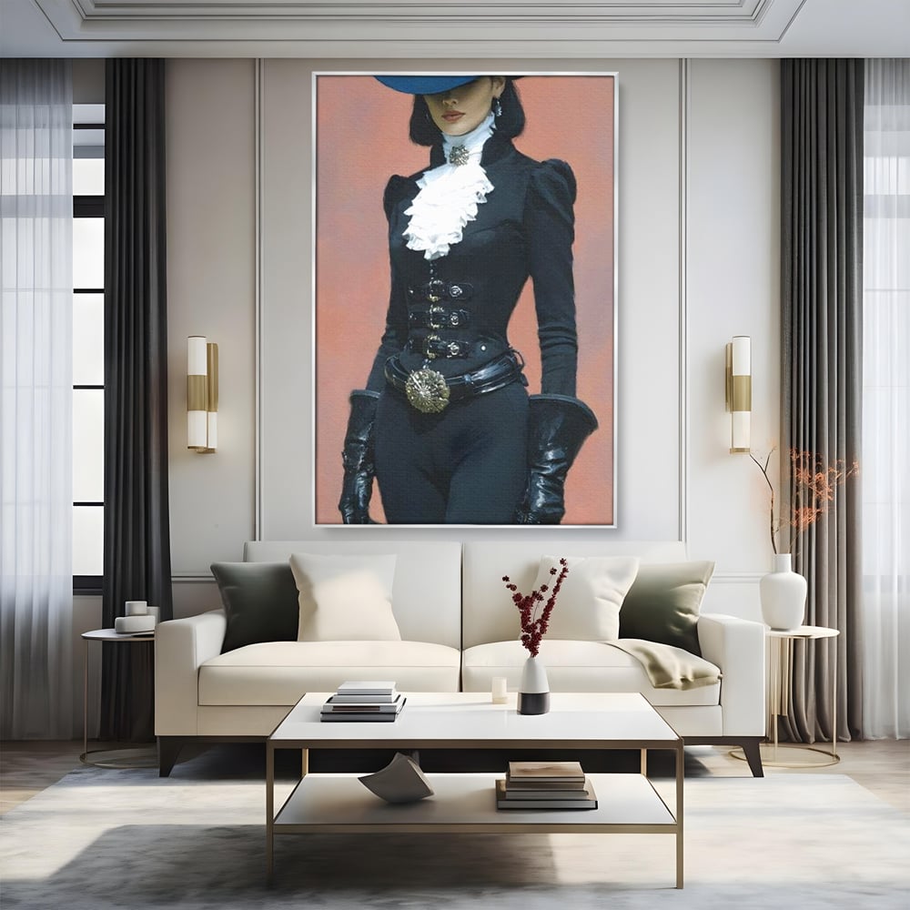 Tablou Canvas Premium, LuxCanva® G1225, Aristocrata Intunericului, Eleganta, Doamna, Palarie, Costum, Negru, Manusi, Mister, Puternica, Rafinata, Autoritara, Lux, Cavaleresc, Salon, Birou, Living, Dormitor