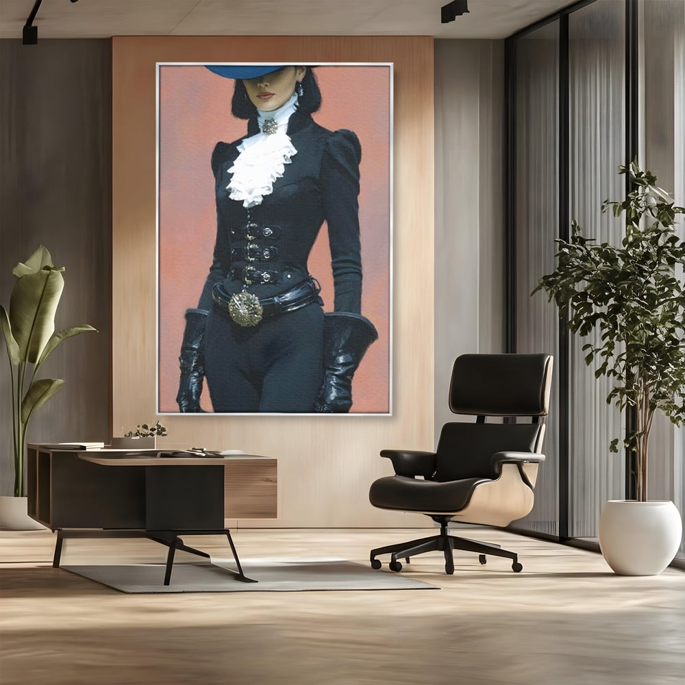 Tablou Canvas Premium, LuxCanva® G1225, Aristocrata Intunericului, Eleganta, Doamna, Palarie, Costum, Negru, Manusi, Mister, Puternica, Rafinata, Autoritara, Lux, Cavaleresc, Salon, Birou, Living, Dormitor