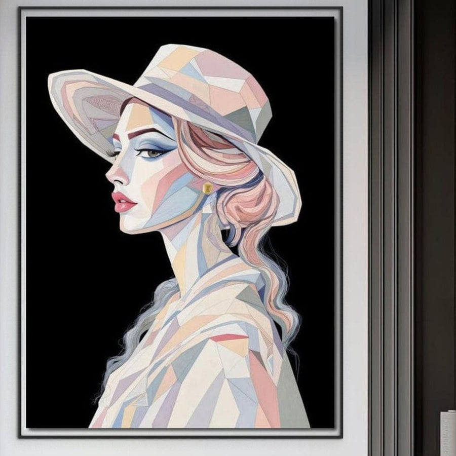 Tablou Canvas Premium LuxCanva® G1226 "Femeia Mozaic" - portret geometric stilizat al unei doamne cu pălărie, nuanțe pastelate pe fundal negru, ideal pentru un decor modern și elegant în salon, birou sau dormitor.