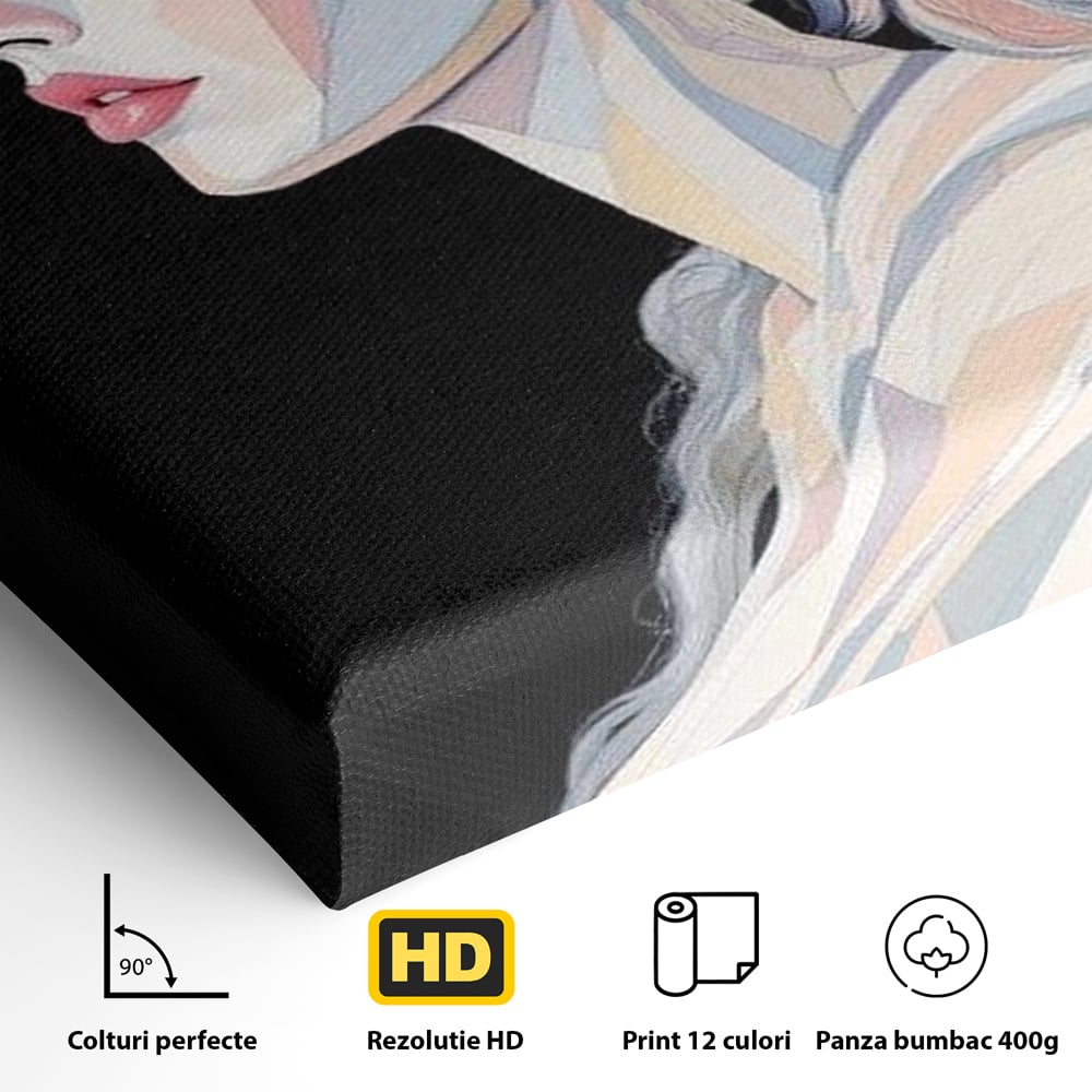 Leinwand Premium Canvas Wall Art, LuxCanva® G1226, Frau Mosaik, Geometrie, Schönheit, Pastell, Dame, Kubismus, Eleganz, Hut, anspruchsvoll, abstrakt, zeitlos, stilvoll, Modernismus, Wohnzimmer, Büro, Wohnzimmer, Schlafzimmer
