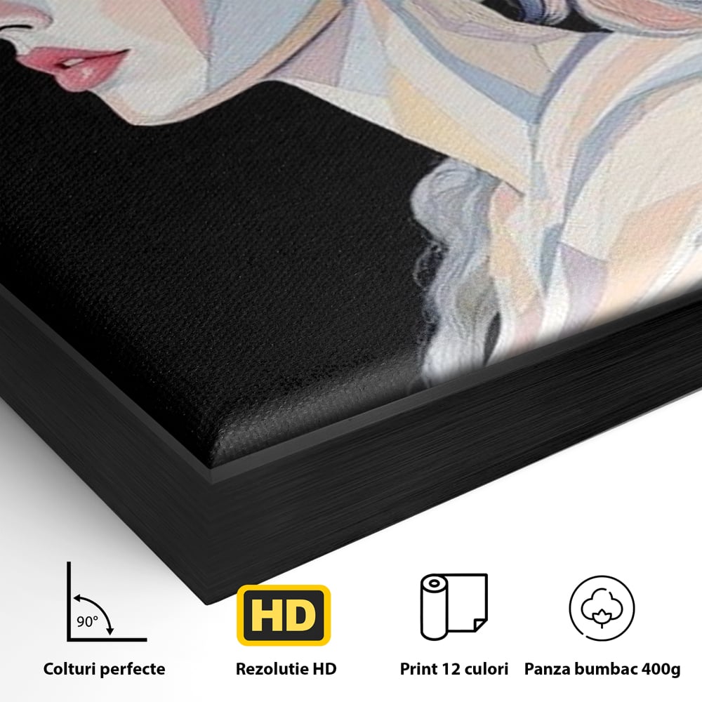Leinwand Premium Canvas Wall Art, LuxCanva® G1226, Frau Mosaik, Geometrie, Schönheit, Pastell, Dame, Kubismus, Eleganz, Hut, anspruchsvoll, abstrakt, zeitlos, stilvoll, Modernismus, Wohnzimmer, Büro, Wohnzimmer, Schlafzimmer
