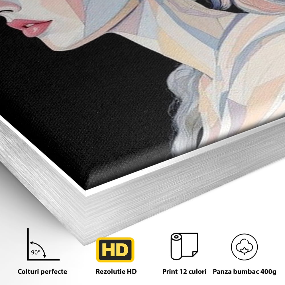 Leinwand Premium Canvas Wall Art, LuxCanva® G1226, Frau Mosaik, Geometrie, Schönheit, Pastell, Dame, Kubismus, Eleganz, Hut, anspruchsvoll, abstrakt, zeitlos, stilvoll, Modernismus, Wohnzimmer, Büro, Wohnzimmer, Schlafzimmer