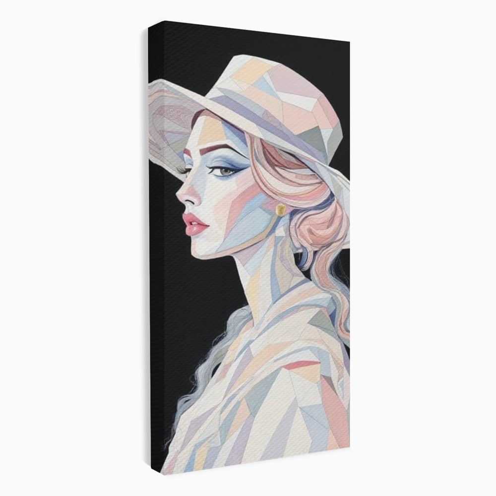 Leinwand Premium Canvas Wall Art, LuxCanva® G1226, Frau Mosaik, Geometrie, Schönheit, Pastell, Dame, Kubismus, Eleganz, Hut, anspruchsvoll, abstrakt, zeitlos, stilvoll, Modernismus, Wohnzimmer, Büro, Wohnzimmer, Schlafzimmer