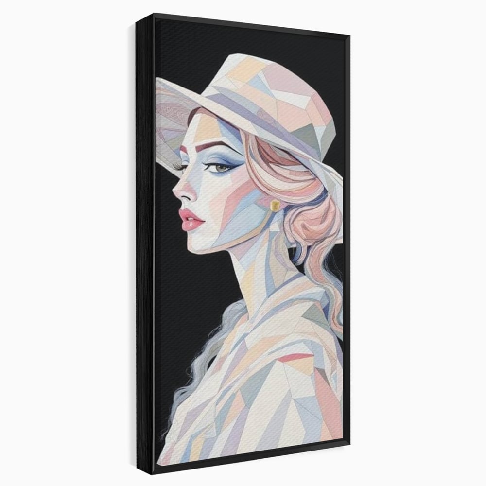 Leinwand Premium Canvas Wall Art, LuxCanva® G1226, Frau Mosaik, Geometrie, Schönheit, Pastell, Dame, Kubismus, Eleganz, Hut, anspruchsvoll, abstrakt, zeitlos, stilvoll, Modernismus, Wohnzimmer, Büro, Wohnzimmer, Schlafzimmer