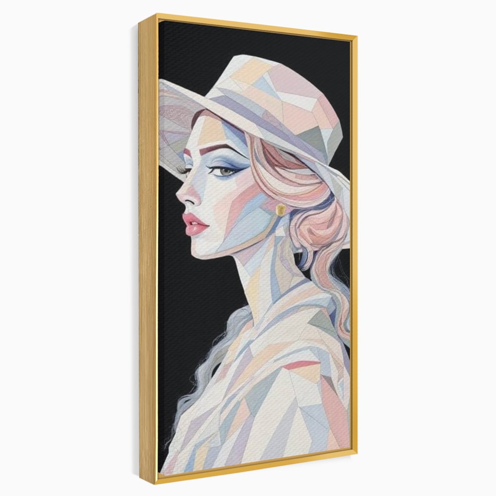Leinwand Premium Canvas Wall Art, LuxCanva® G1226, Frau Mosaik, Geometrie, Schönheit, Pastell, Dame, Kubismus, Eleganz, Hut, anspruchsvoll, abstrakt, zeitlos, stilvoll, Modernismus, Wohnzimmer, Büro, Wohnzimmer, Schlafzimmer