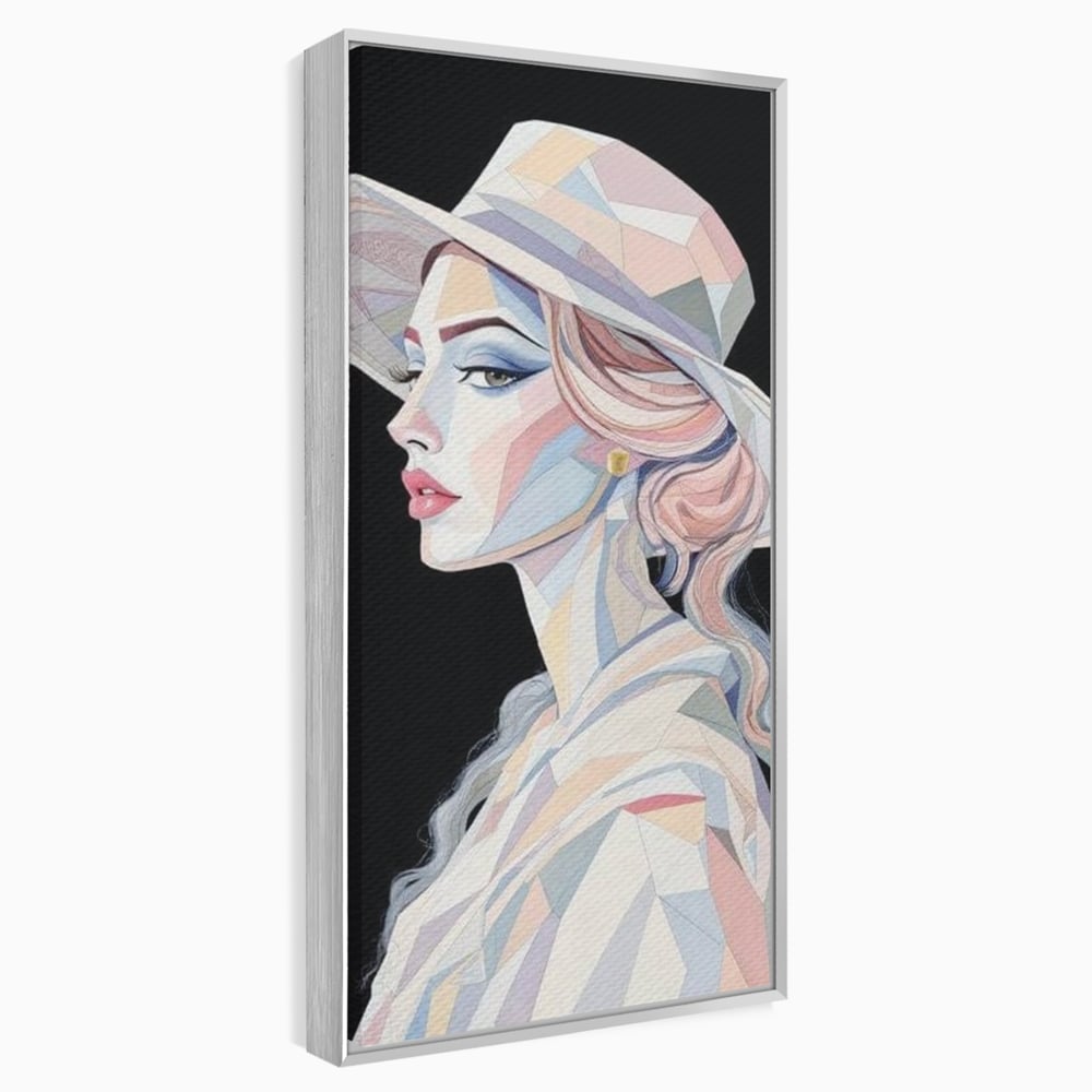 Leinwand Premium Canvas Wall Art, LuxCanva® G1226, Frau Mosaik, Geometrie, Schönheit, Pastell, Dame, Kubismus, Eleganz, Hut, anspruchsvoll, abstrakt, zeitlos, stilvoll, Modernismus, Wohnzimmer, Büro, Wohnzimmer, Schlafzimmer