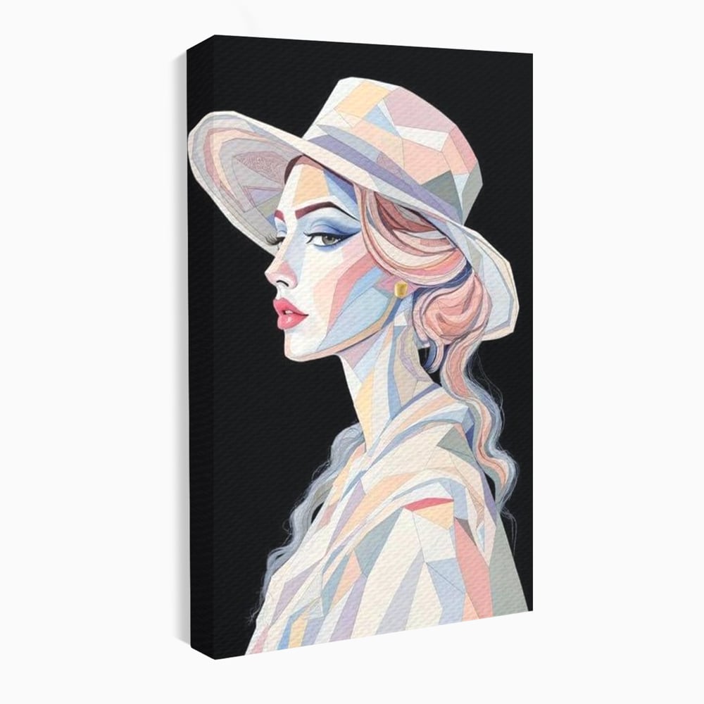 Leinwand Premium Canvas Wall Art, LuxCanva® G1226, Frau Mosaik, Geometrie, Schönheit, Pastell, Dame, Kubismus, Eleganz, Hut, anspruchsvoll, abstrakt, zeitlos, stilvoll, Modernismus, Wohnzimmer, Büro, Wohnzimmer, Schlafzimmer
