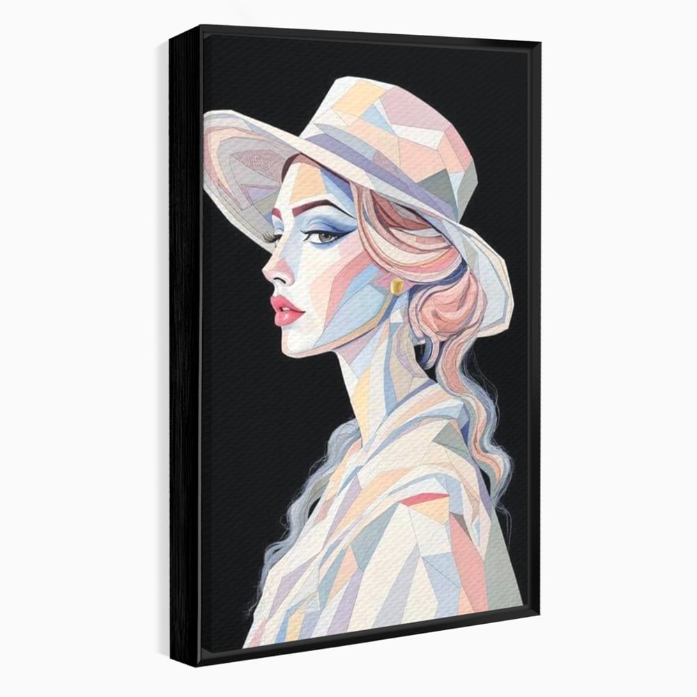 Leinwand Premium Canvas Wall Art, LuxCanva® G1226, Frau Mosaik, Geometrie, Schönheit, Pastell, Dame, Kubismus, Eleganz, Hut, anspruchsvoll, abstrakt, zeitlos, stilvoll, Modernismus, Wohnzimmer, Büro, Wohnzimmer, Schlafzimmer