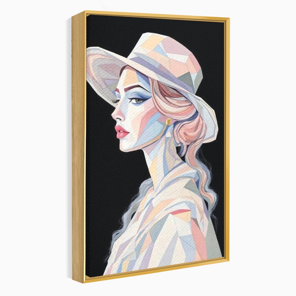 Leinwand Premium Canvas Wall Art, LuxCanva® G1226, Frau Mosaik, Geometrie, Schönheit, Pastell, Dame, Kubismus, Eleganz, Hut, anspruchsvoll, abstrakt, zeitlos, stilvoll, Modernismus, Wohnzimmer, Büro, Wohnzimmer, Schlafzimmer