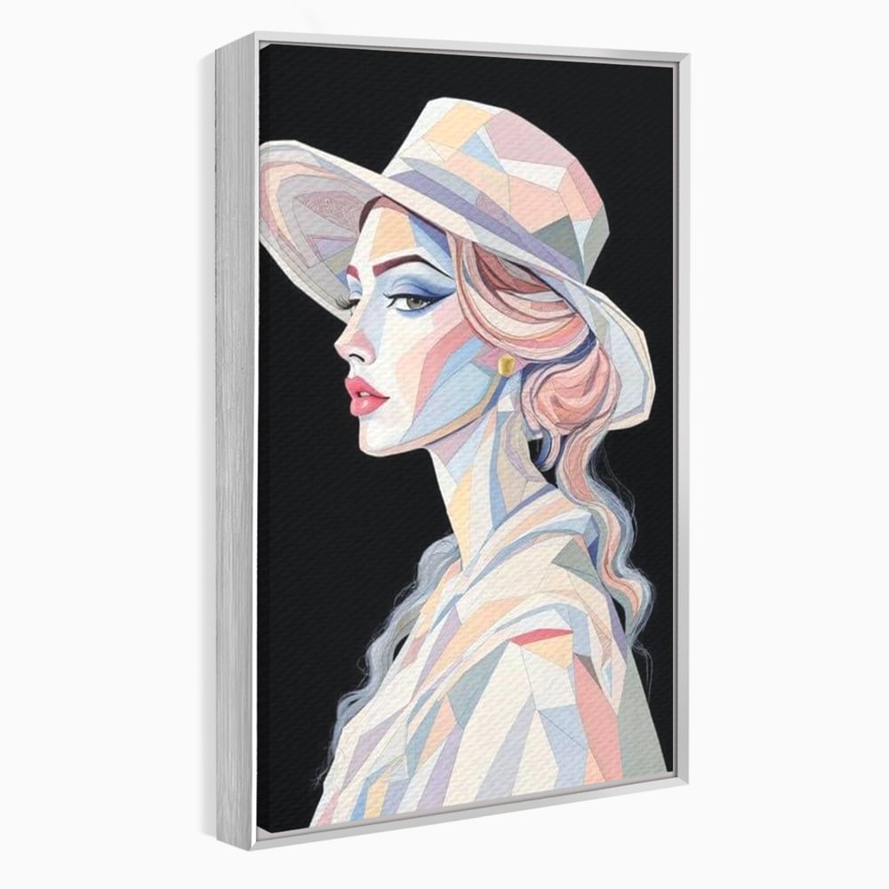 Leinwand Premium Canvas Wall Art, LuxCanva® G1226, Frau Mosaik, Geometrie, Schönheit, Pastell, Dame, Kubismus, Eleganz, Hut, anspruchsvoll, abstrakt, zeitlos, stilvoll, Modernismus, Wohnzimmer, Büro, Wohnzimmer, Schlafzimmer