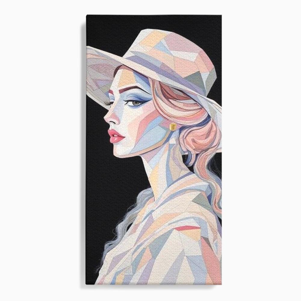 Leinwand Premium Canvas Wall Art, LuxCanva® G1226, Frau Mosaik, Geometrie, Schönheit, Pastell, Dame, Kubismus, Eleganz, Hut, anspruchsvoll, abstrakt, zeitlos, stilvoll, Modernismus, Wohnzimmer, Büro, Wohnzimmer, Schlafzimmer