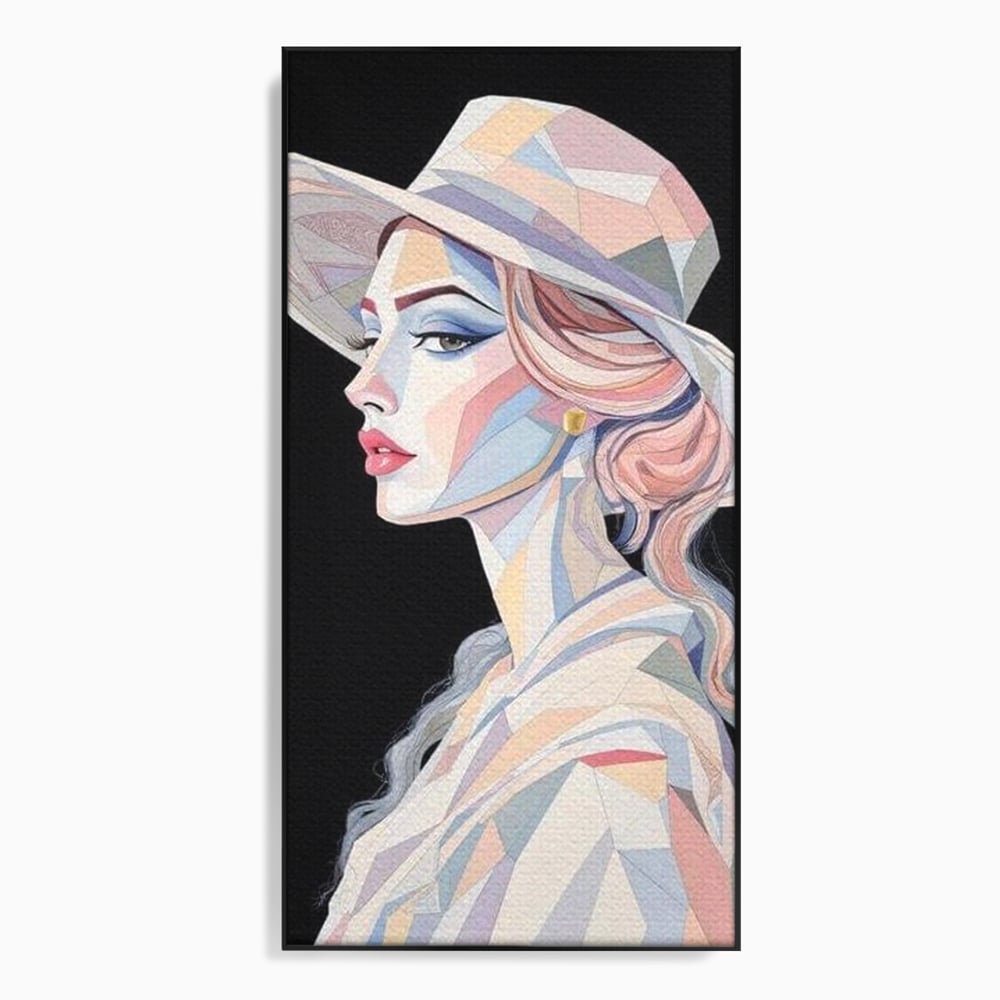 Leinwand Premium Canvas Wall Art, LuxCanva® G1226, Frau Mosaik, Geometrie, Schönheit, Pastell, Dame, Kubismus, Eleganz, Hut, anspruchsvoll, abstrakt, zeitlos, stilvoll, Modernismus, Wohnzimmer, Büro, Wohnzimmer, Schlafzimmer