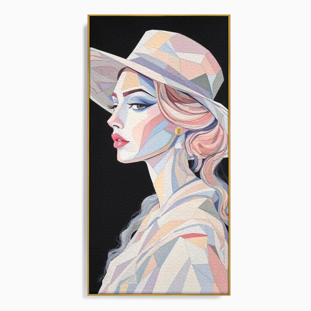 Leinwand Premium Canvas Wall Art, LuxCanva® G1226, Frau Mosaik, Geometrie, Schönheit, Pastell, Dame, Kubismus, Eleganz, Hut, anspruchsvoll, abstrakt, zeitlos, stilvoll, Modernismus, Wohnzimmer, Büro, Wohnzimmer, Schlafzimmer