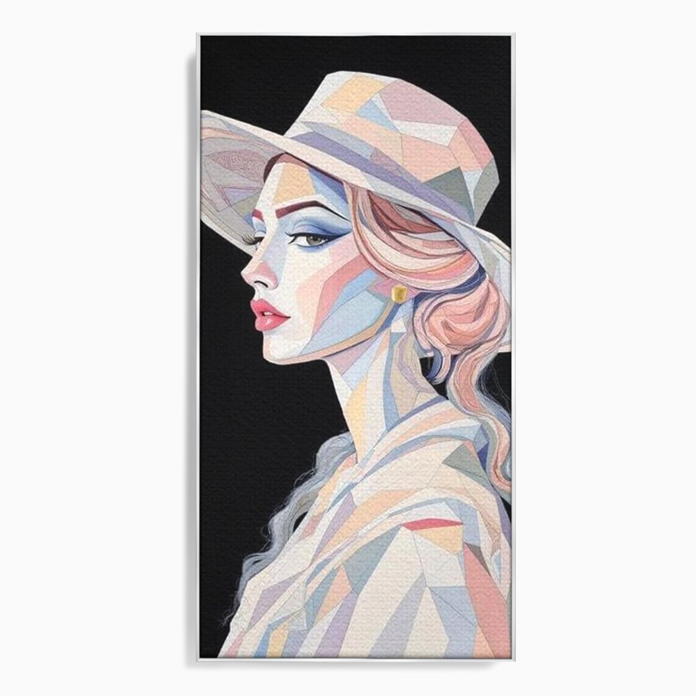 Leinwand Premium Canvas Wall Art, LuxCanva® G1226, Frau Mosaik, Geometrie, Schönheit, Pastell, Dame, Kubismus, Eleganz, Hut, anspruchsvoll, abstrakt, zeitlos, stilvoll, Modernismus, Wohnzimmer, Büro, Wohnzimmer, Schlafzimmer
