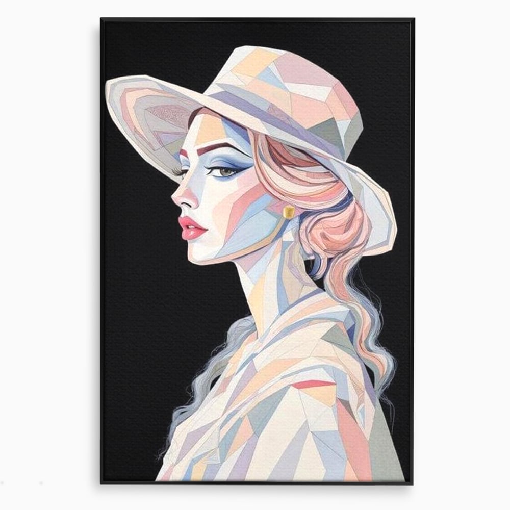 Leinwand Premium Canvas Wall Art, LuxCanva® G1226, Frau Mosaik, Geometrie, Schönheit, Pastell, Dame, Kubismus, Eleganz, Hut, anspruchsvoll, abstrakt, zeitlos, stilvoll, Modernismus, Wohnzimmer, Büro, Wohnzimmer, Schlafzimmer