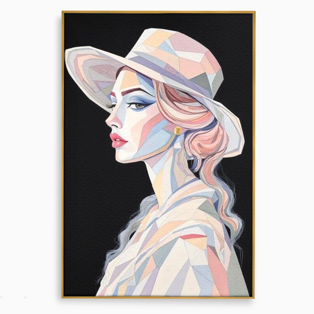 Leinwand Premium Canvas Wall Art, LuxCanva® G1226, Frau Mosaik, Geometrie, Schönheit, Pastell, Dame, Kubismus, Eleganz, Hut, anspruchsvoll, abstrakt, zeitlos, stilvoll, Modernismus, Wohnzimmer, Büro, Wohnzimmer, Schlafzimmer